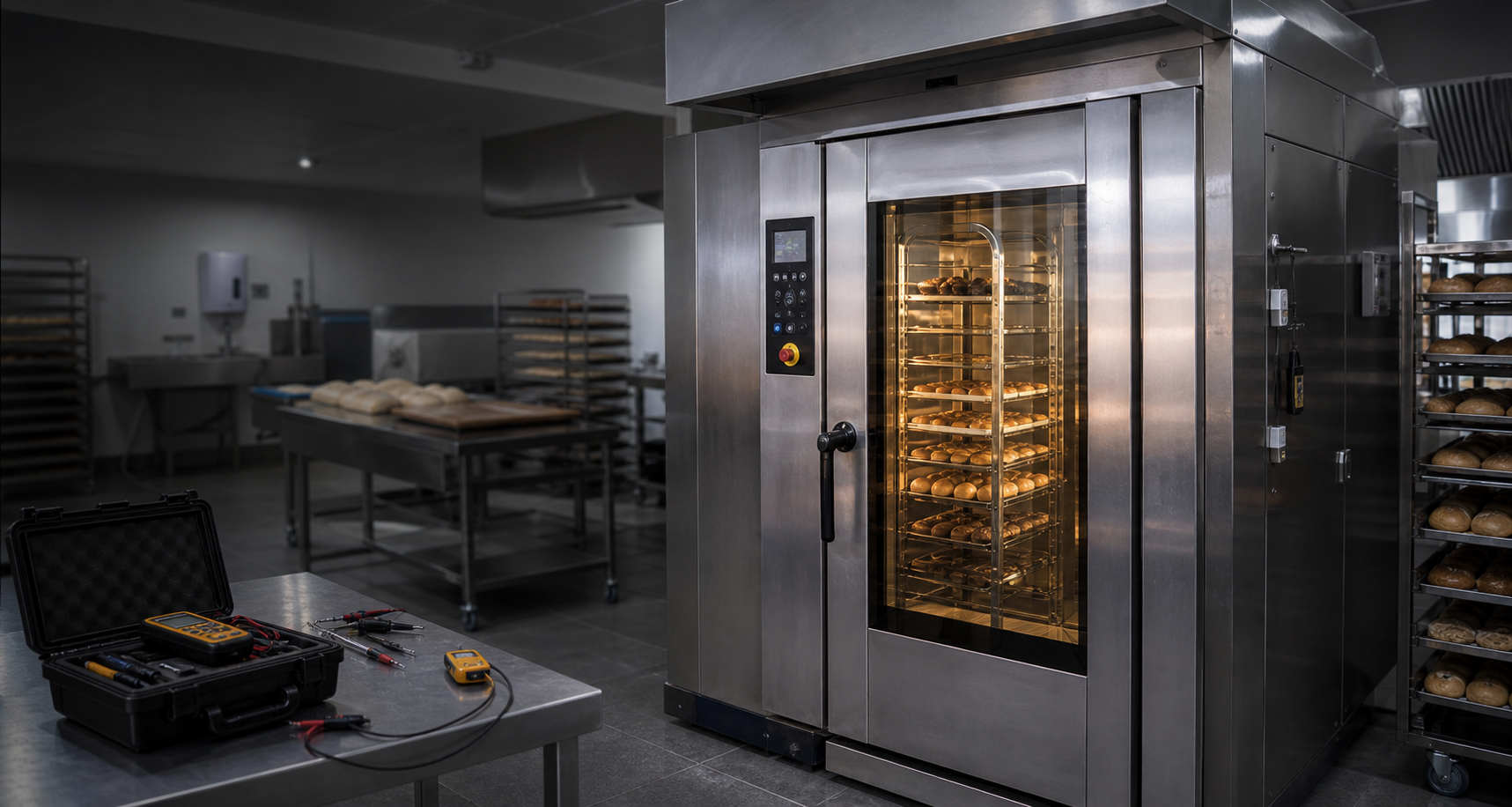 Commercial rotary rack bakery oven with service tools in a production bakery