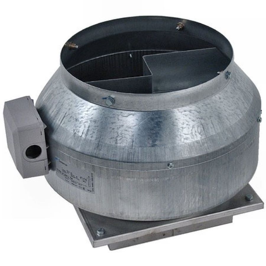 Compact roof extractor fan for commercial kitchen extraction duct discharge