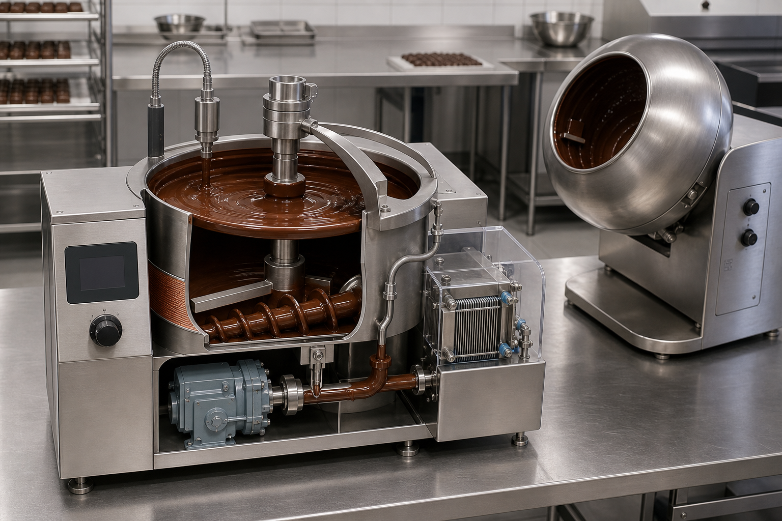 Technical illustration of chocolate tempering machine, auger, probe, motor and turner equipment for service