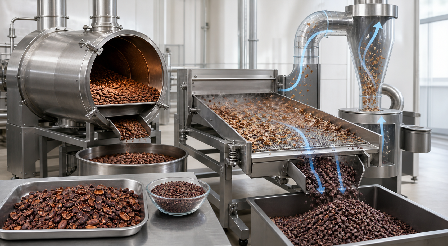 Technical illustration of cocoa roasting, cracking and winnowing equipment separating cocoa nibs from husk