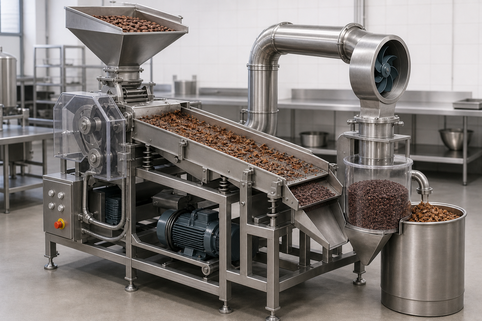 Technical illustration of custom cocoa cracker, winnower and nib separation equipment