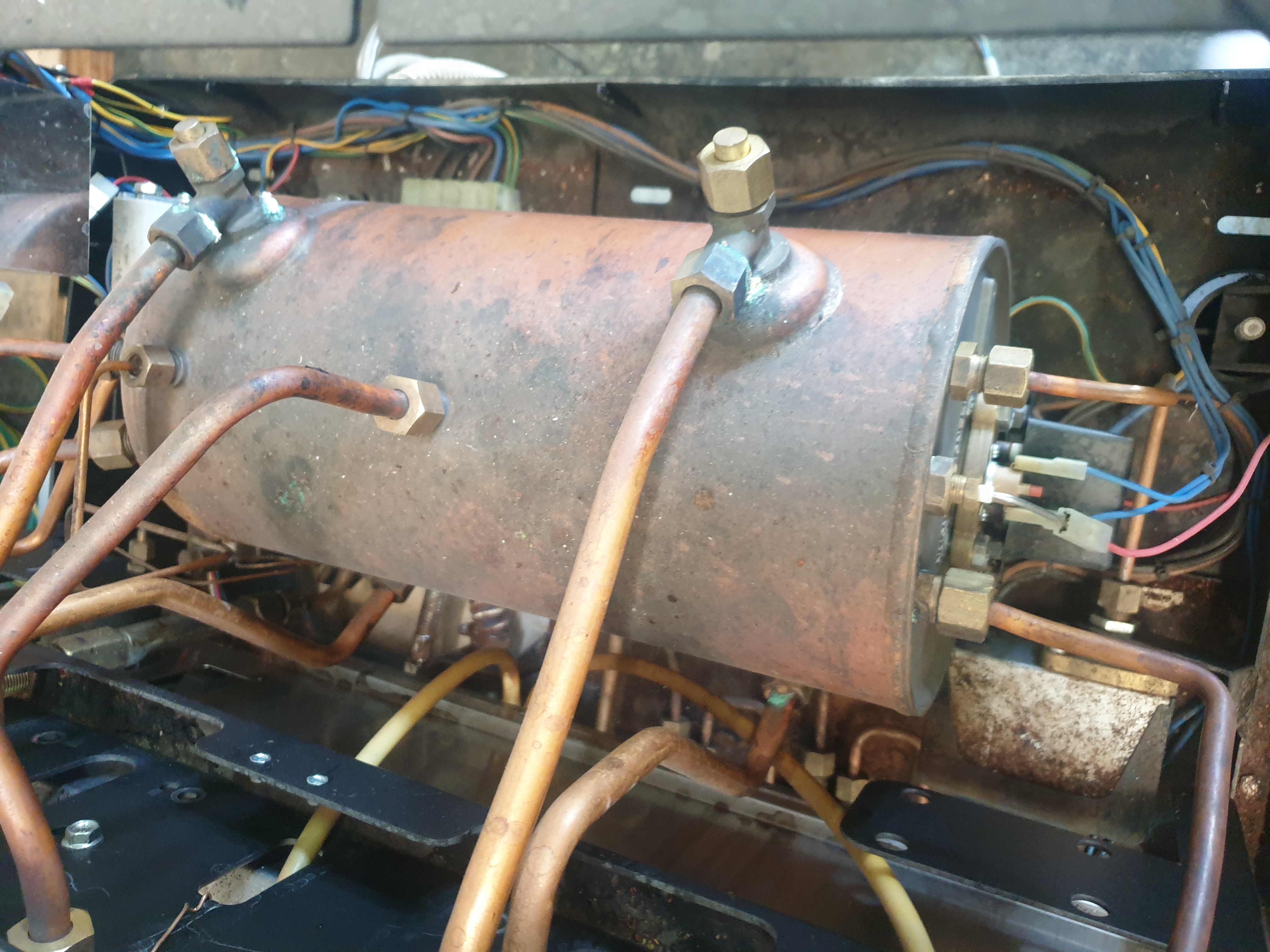 Commercial coffee machine boiler and copper pipework before descale and service