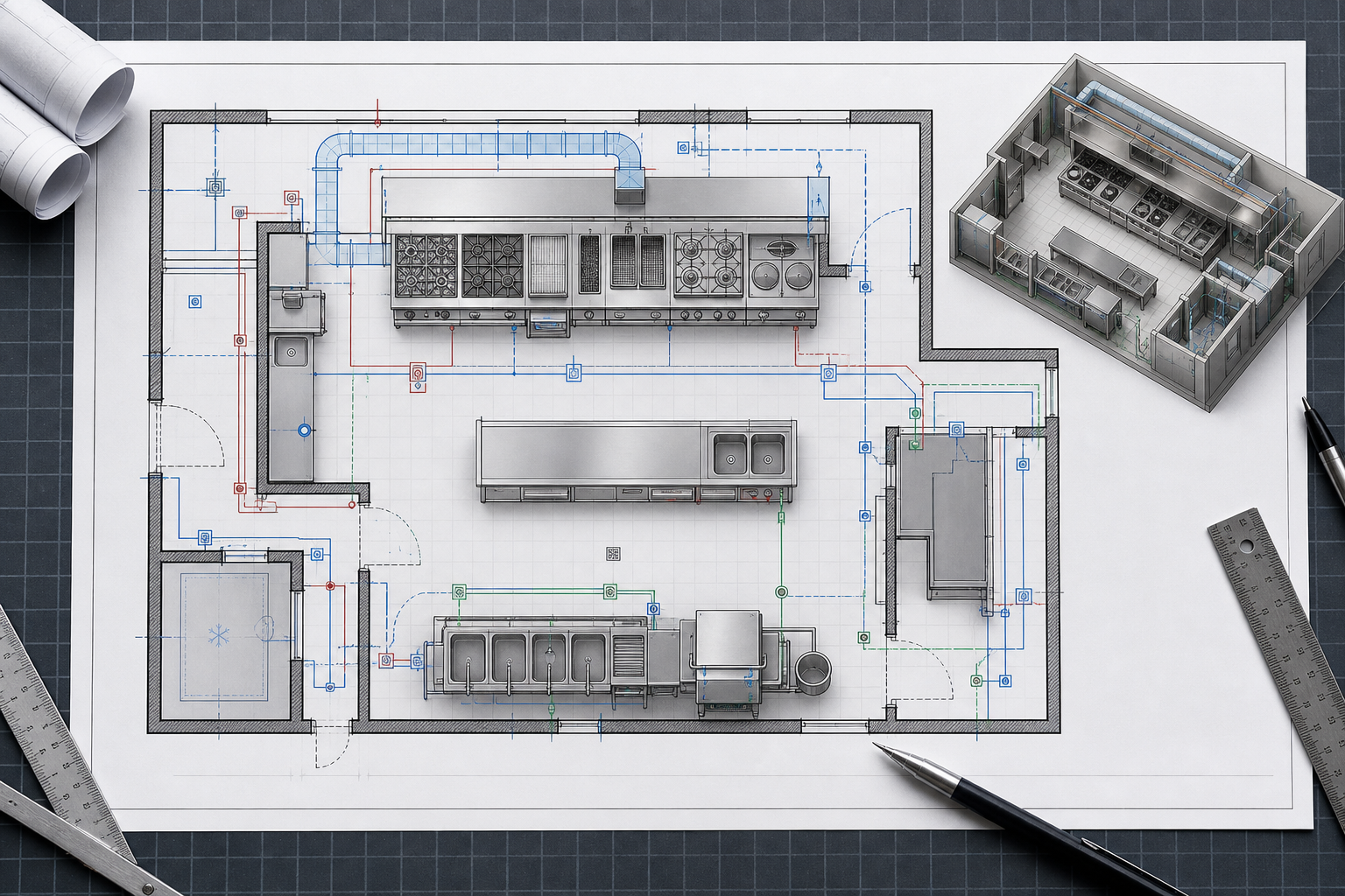 AutoCAD-style commercial kitchen layout showing services coordination, extraction, equipment and cold room planning