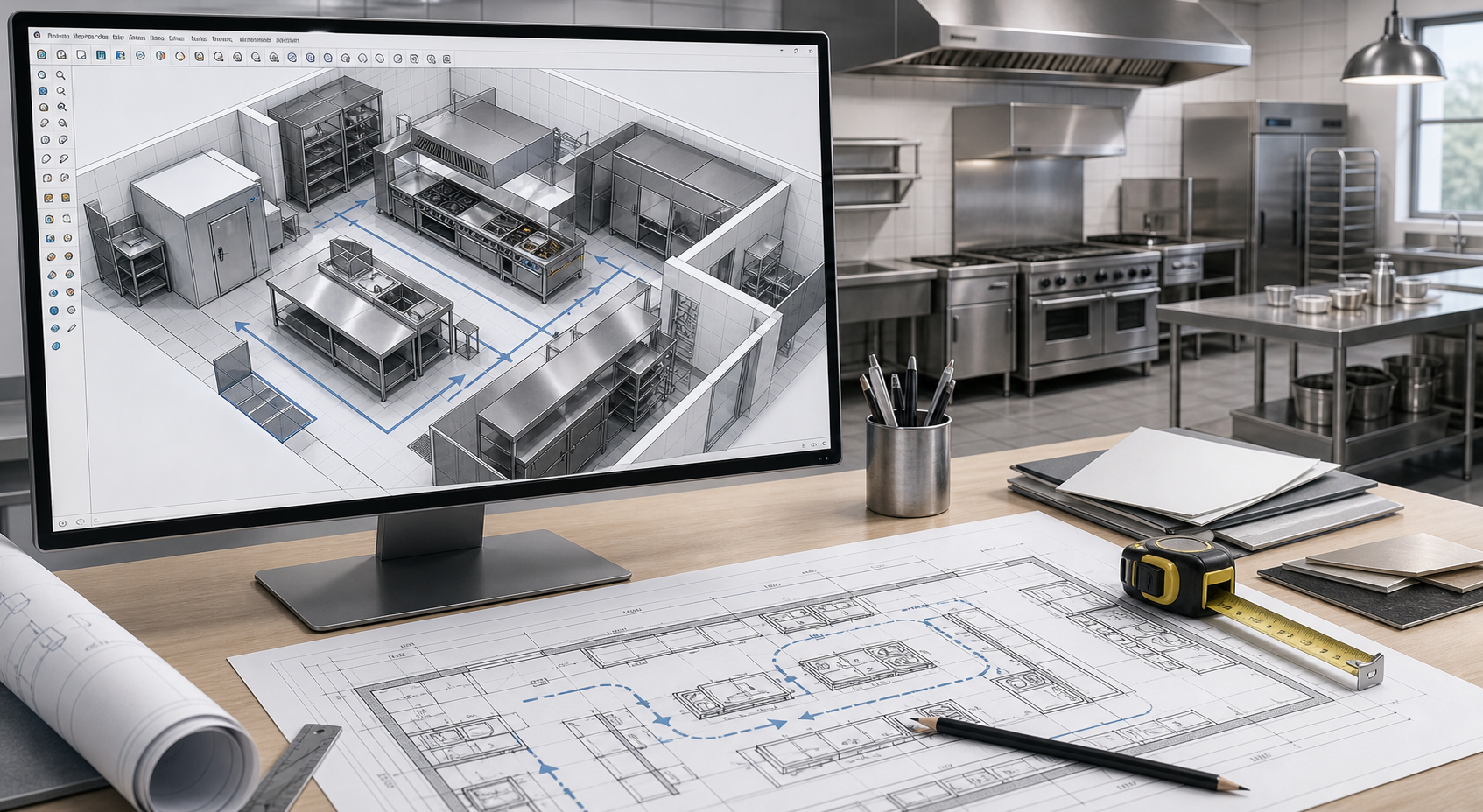 Commercial kitchen CAD layout and SketchUp-style 3D planning concept