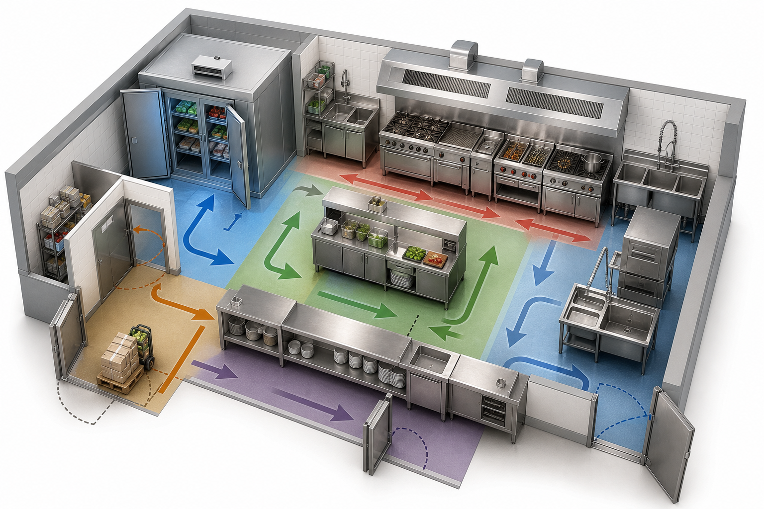 3D commercial kitchen workflow planning with cold storage, prep, cooking, plating and wash-up zones
