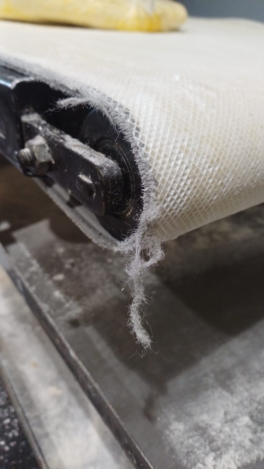 Frayed dough sheeter conveyor belt edge showing wear near the end roller