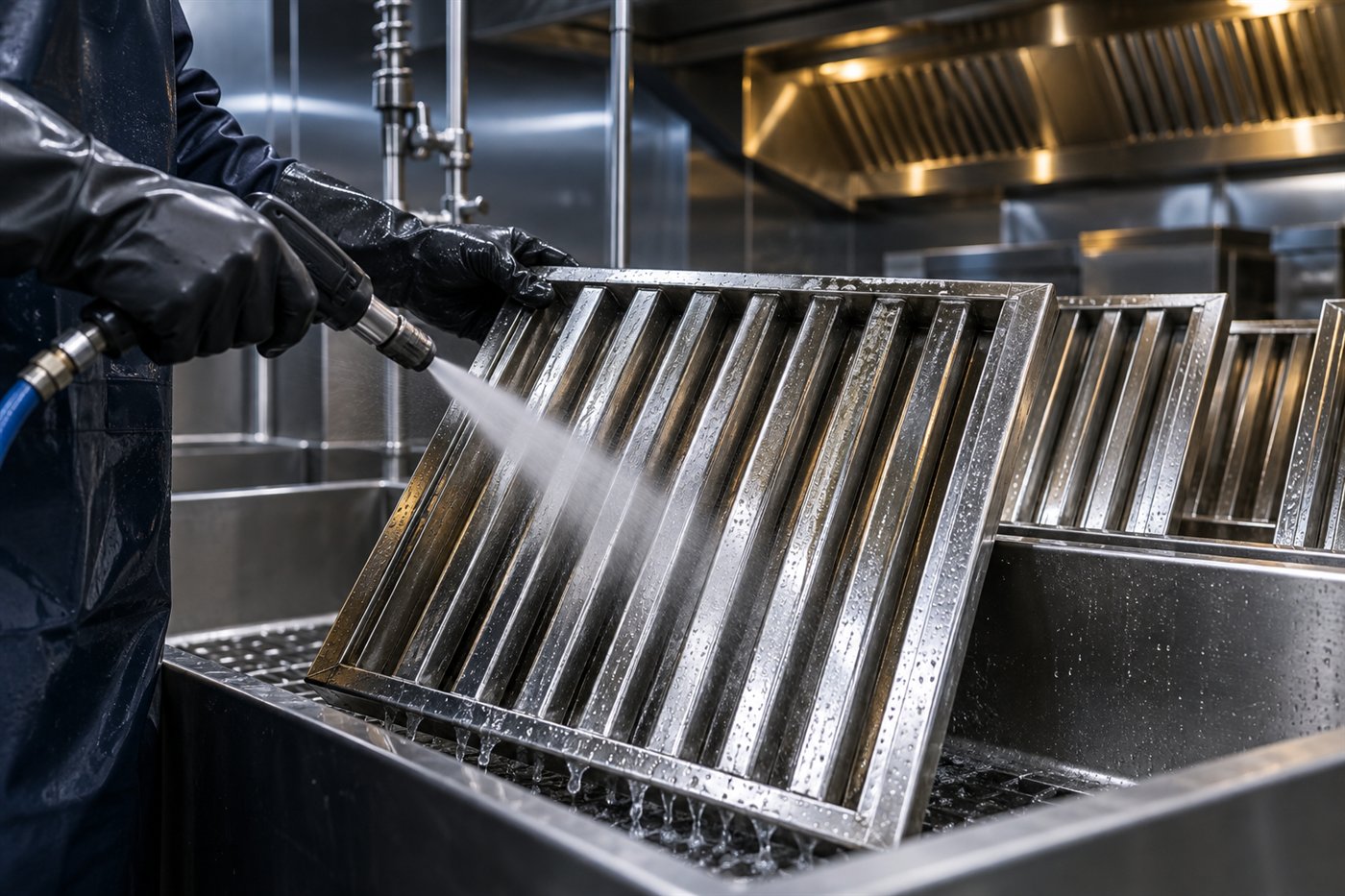 Commercial stainless-steel baffle grease filter being professionally cleaned