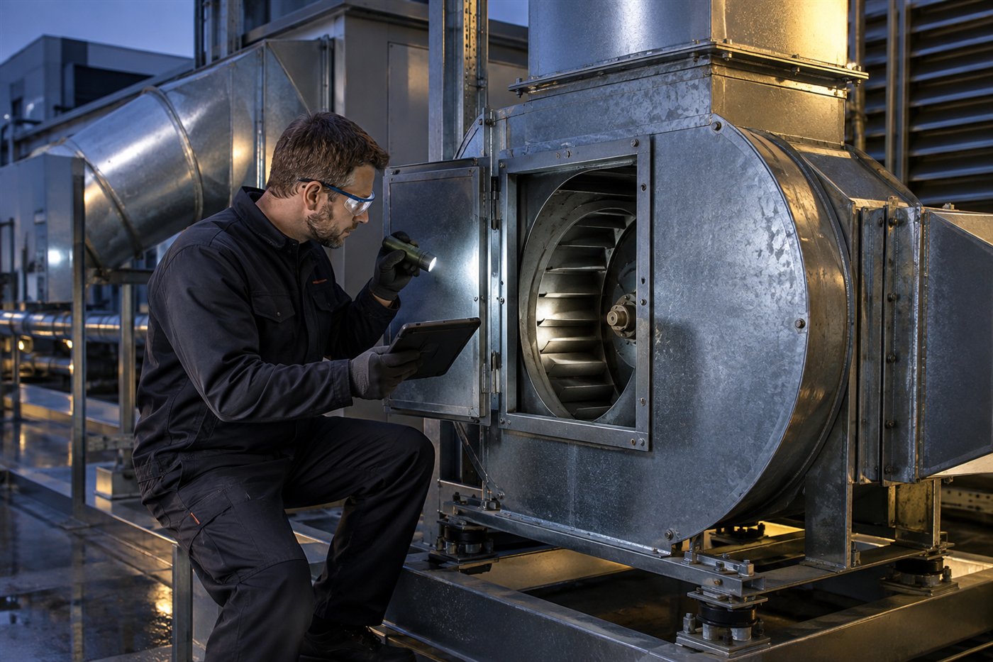 Technician documenting an accessible commercial extraction fan inspection