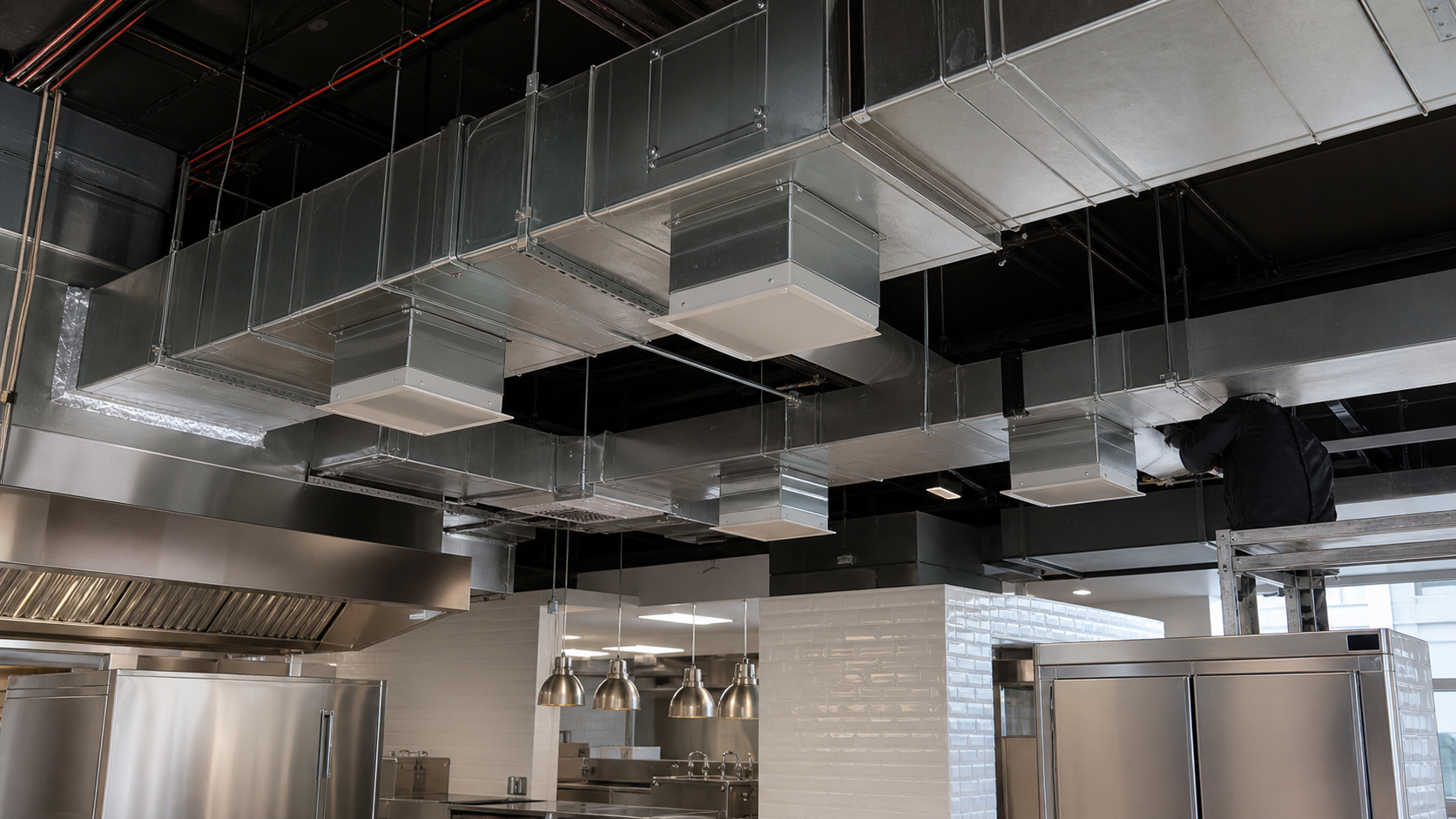 Commercial HVAC ducting and air distribution installation above a kitchen ceiling