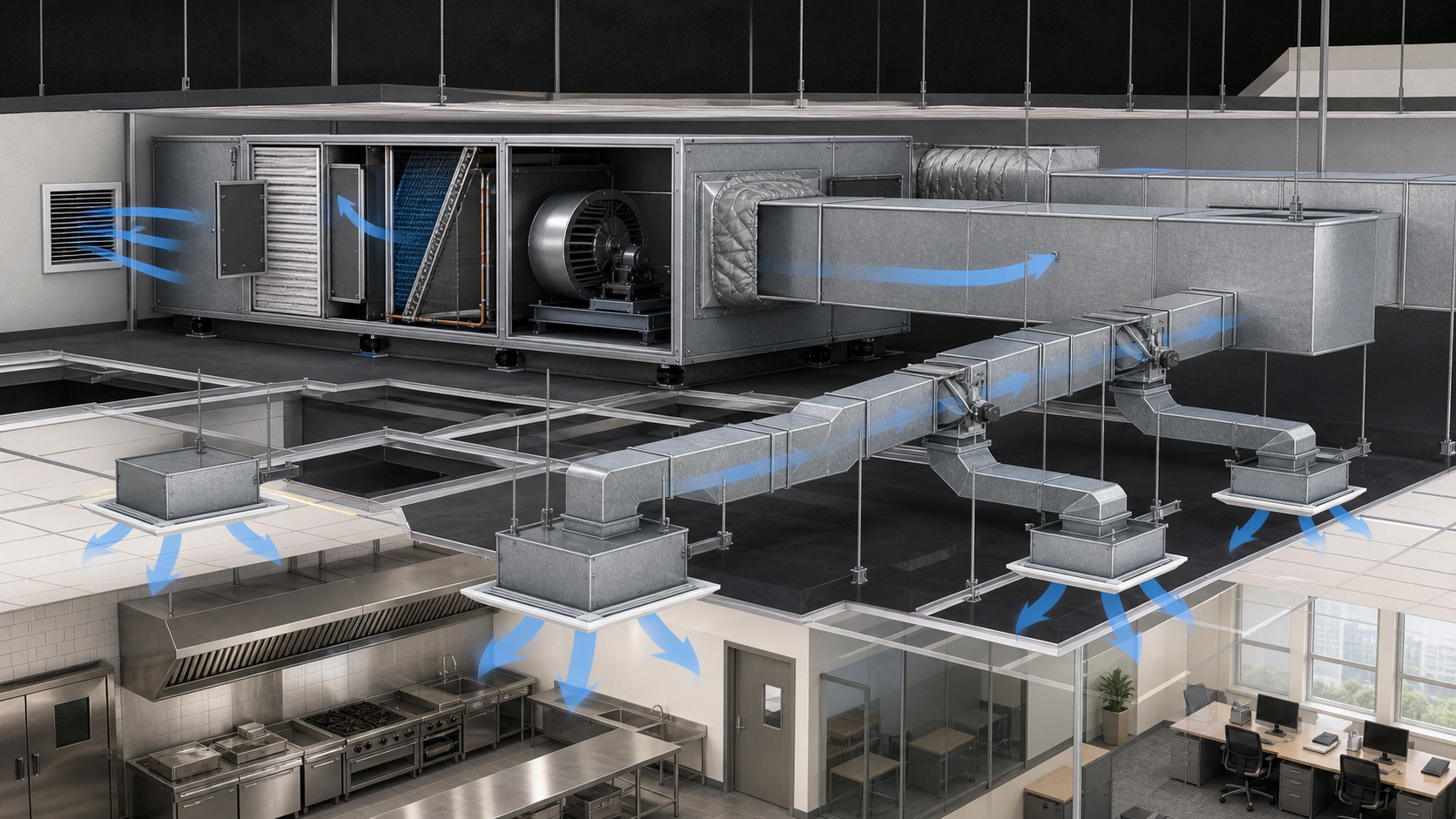 Technical cutaway of ducted air conditioning airflow with air handler, return air, supply plenum and diffuser boxes