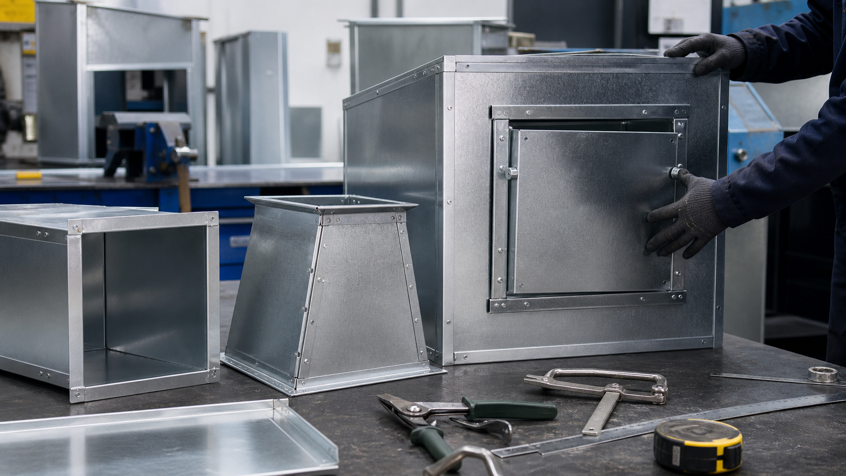 Custom galvanized sheet metal plenum boxes and HVAC duct sections being fabricated on a workshop bench