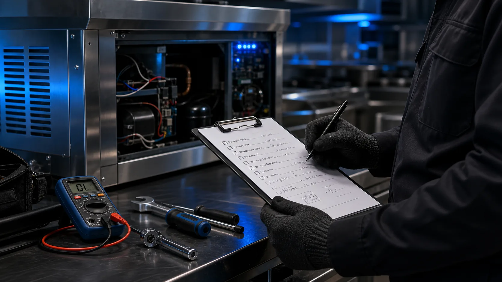 Technician checklist and tools beside commercial kitchen equipment