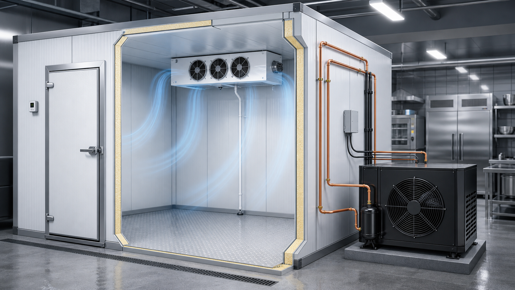 Commercial cold room refrigeration system illustration showing evaporator, condensing unit and airflow