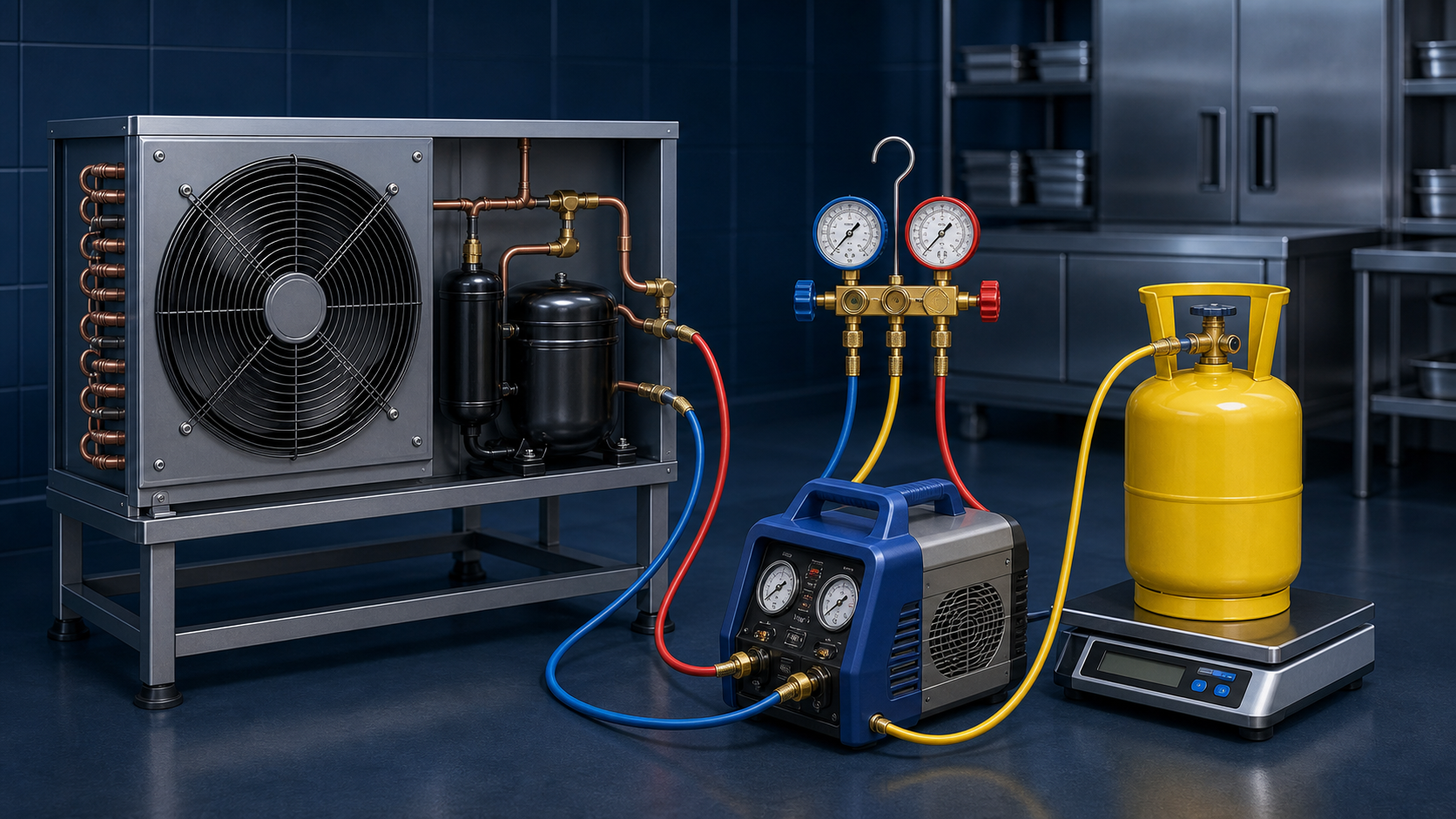 Commercial refrigeration recovery machine connected to condensing unit and yellow recovery cylinder on scale