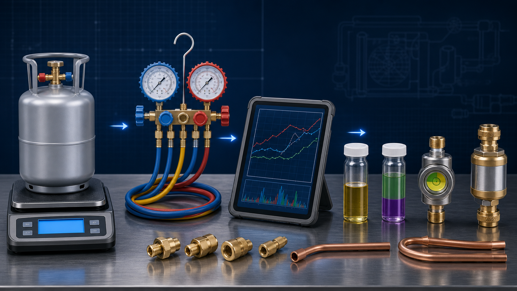 Refrigerant testing workflow with gauges scale sample cylinder acid test vial and sight glass