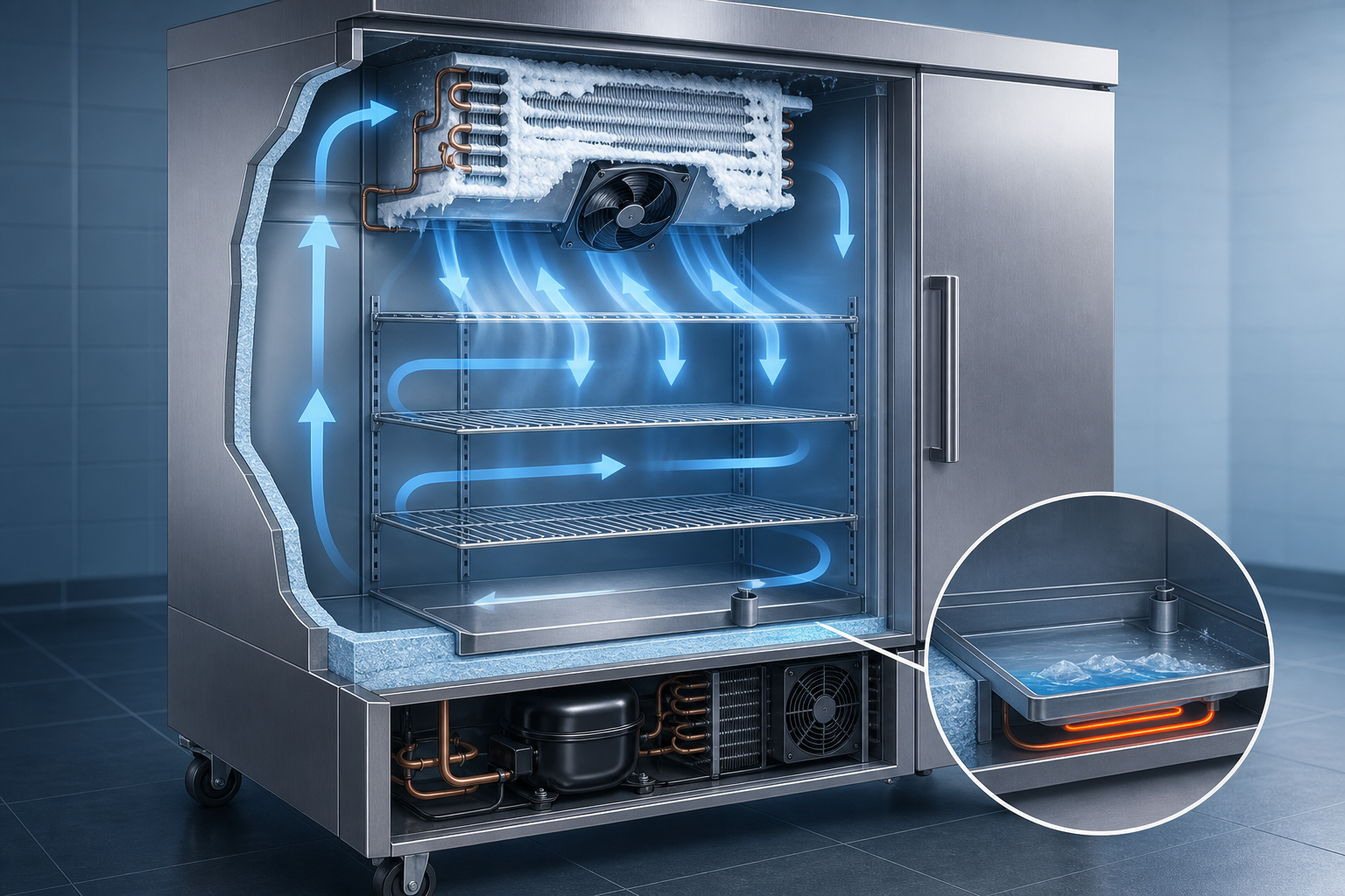 Cutaway illustration of commercial fridge airflow evaporator icing and defrost drain system
