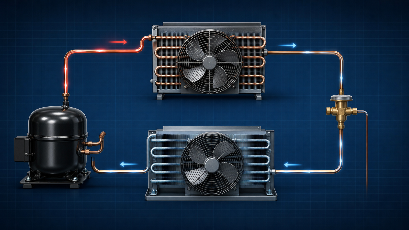 Technical illustration of a refrigeration circuit with compressor condenser expansion valve and evaporator