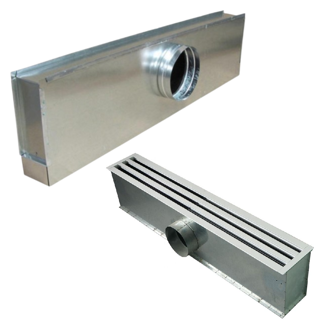 Custom sheet metal plenum box with linear air outlet