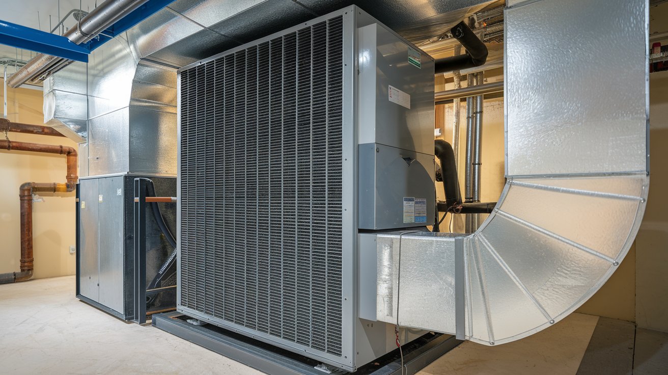 Large commercial HVAC air handler connected to galvanized ductwork