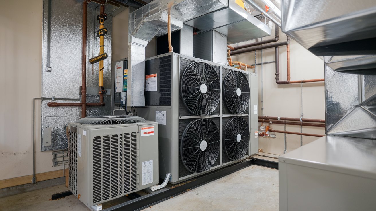 Mechanical plant room with air handlers, ductwork and service access