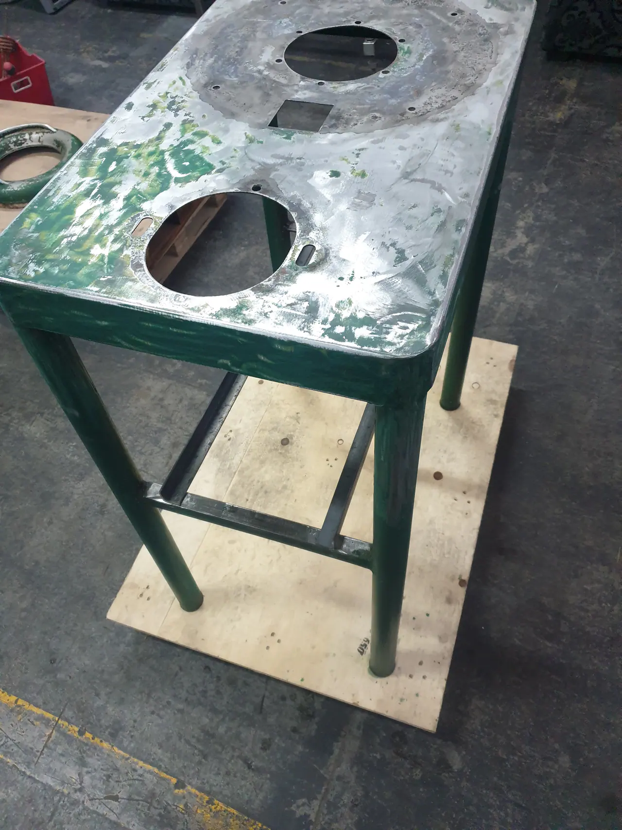 Potato peeler frame and bowl after preparation before final assembly