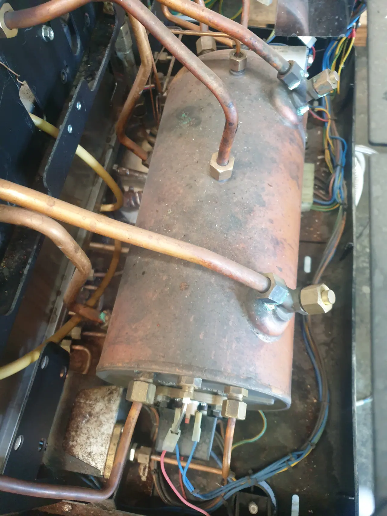 Commercial coffee machine boiler and copper pipework before descale and service
