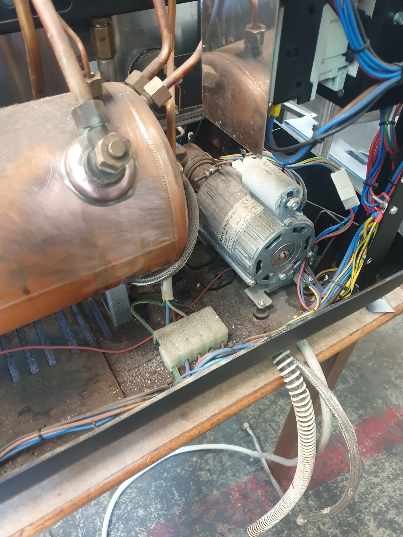 Commercial coffee machine motor pump plumbing and boiler service access